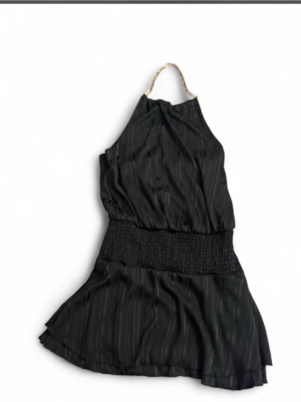 Forever 21 Black Halter Mini Dress Gold Chain Neckline Smocked Waist Size S